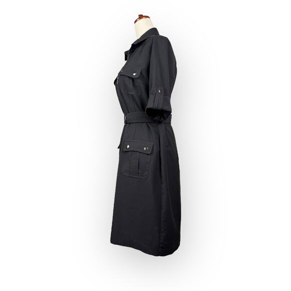 Sharagano Black Front Zip Dress with Cinch Waist Belt Cuffed Sleeves Size 4 - Picture 3 of 13